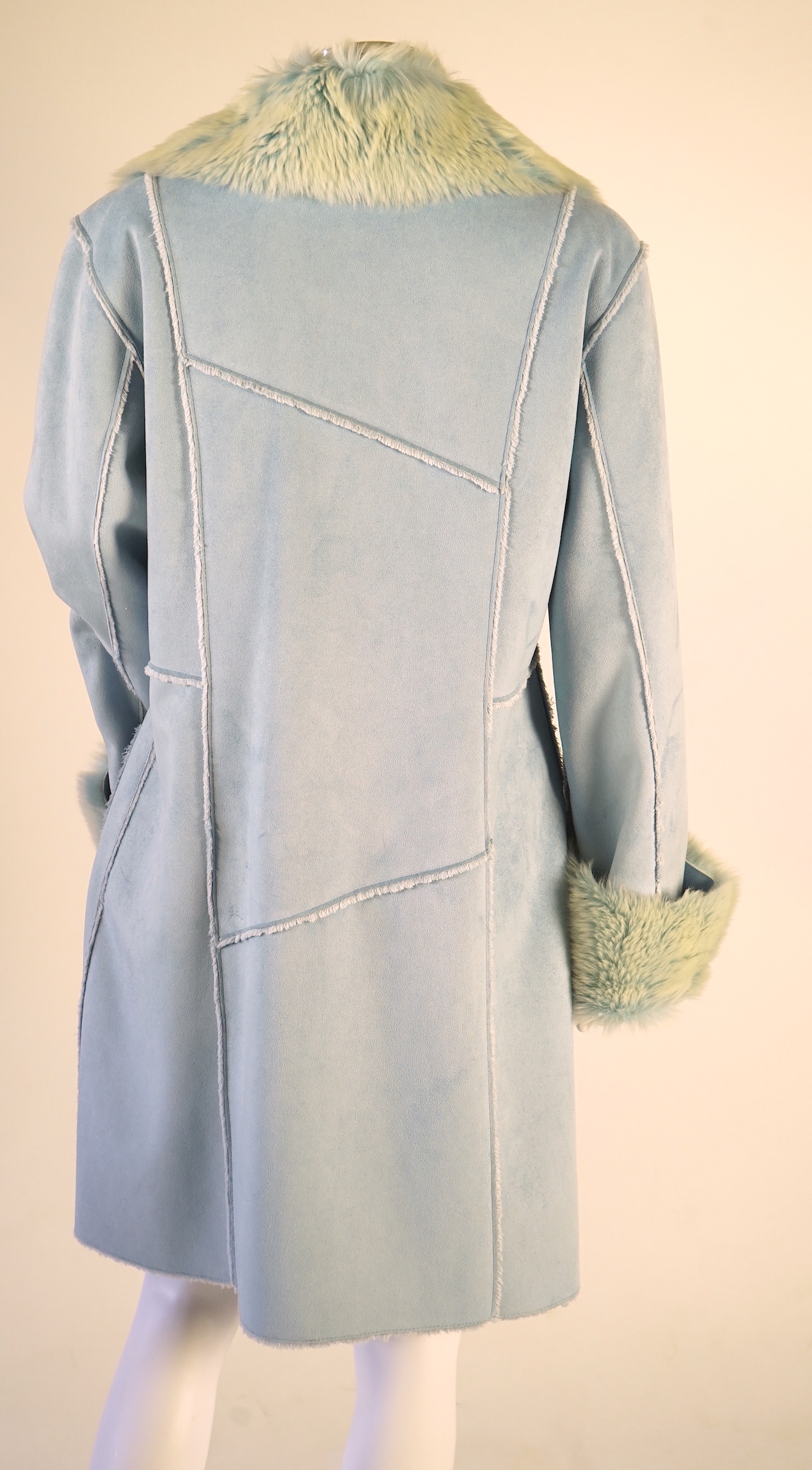 A lady's Chamonix faux sheepskin light blue duffle coat UK 12-14